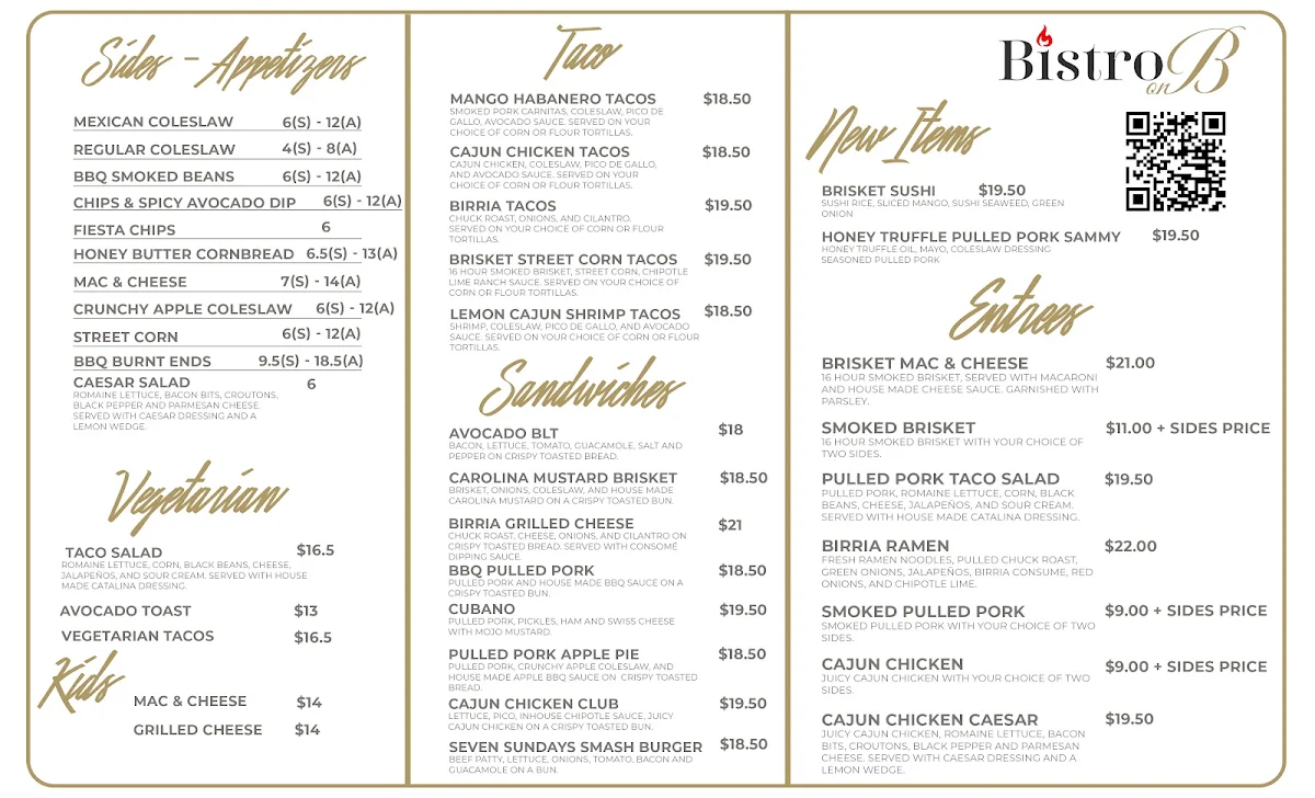 Menu, Bistro On B