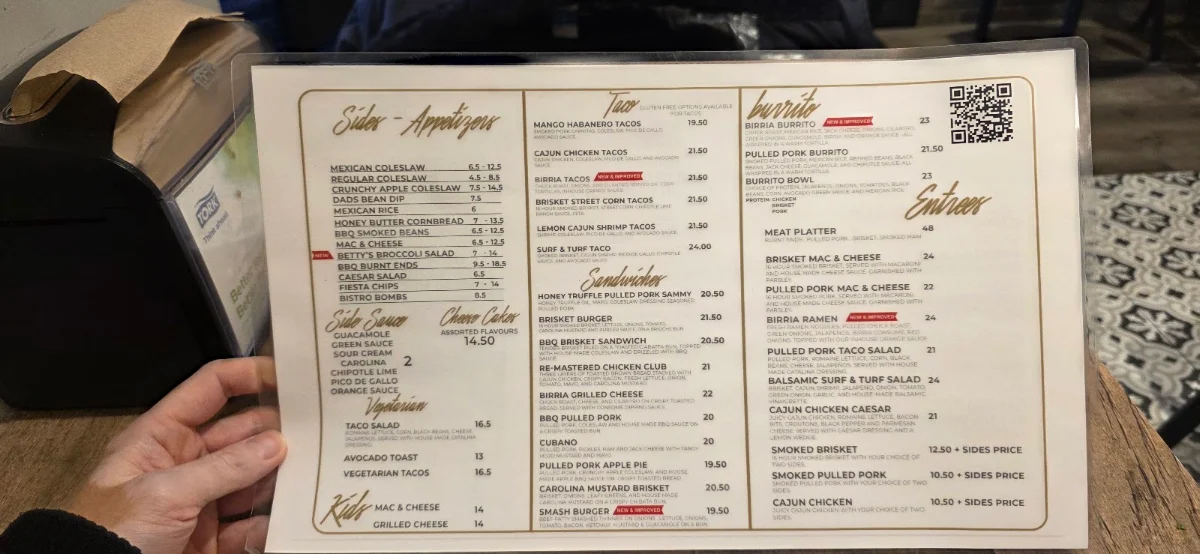 Menu, Bistro On B