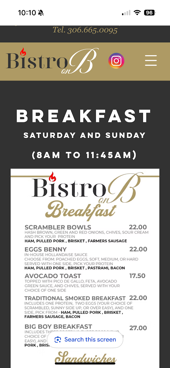 Menu, Bistro On B