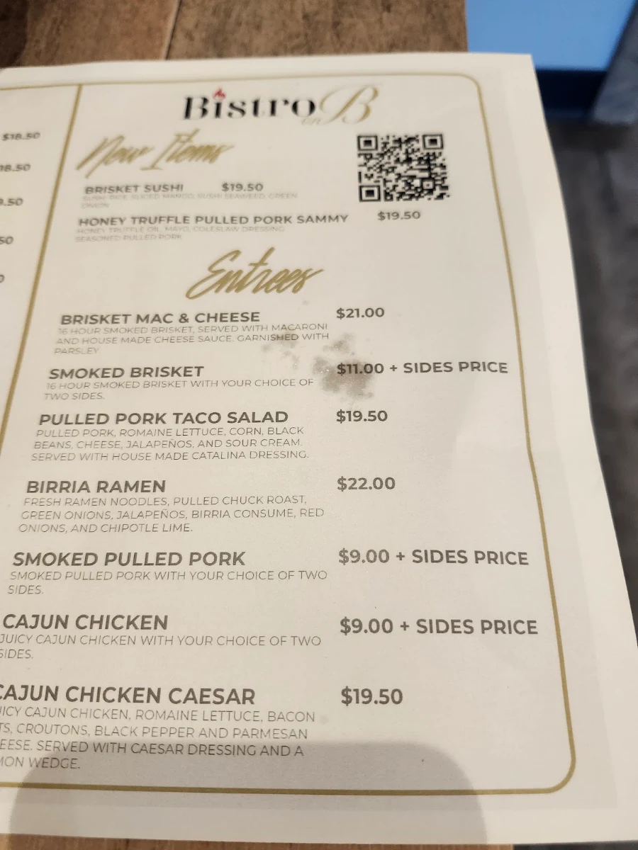 Menu, Bistro On B