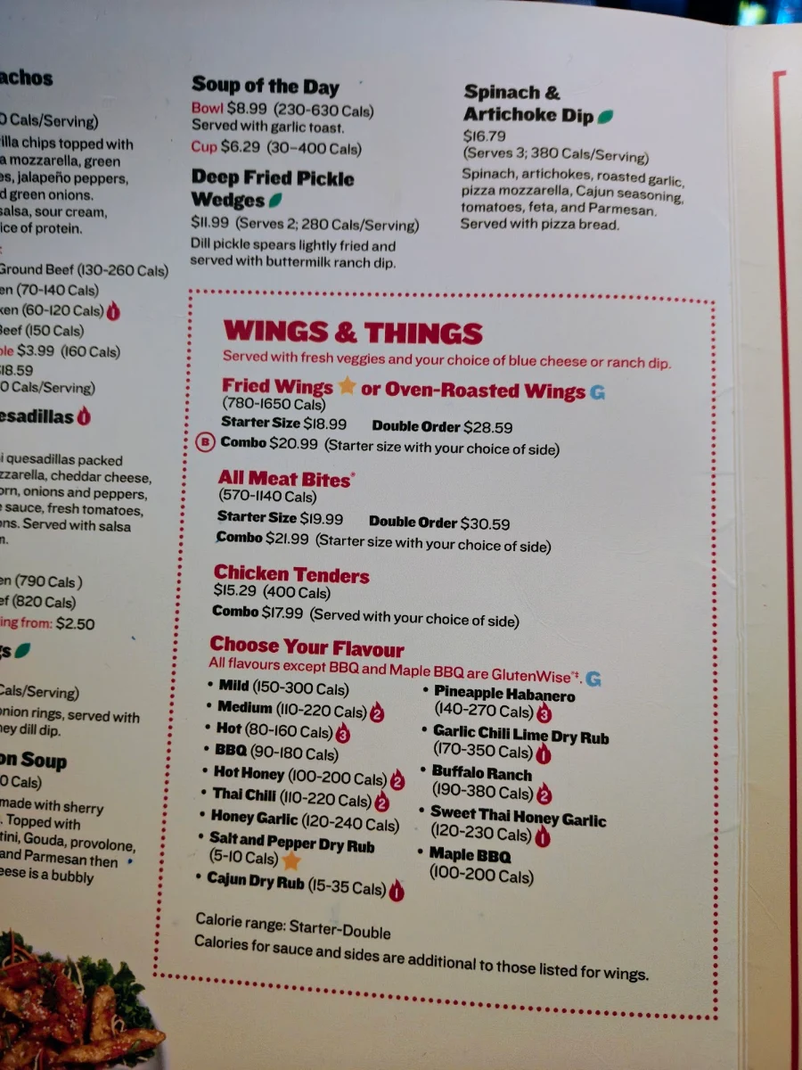 Menu, Boston Pizza