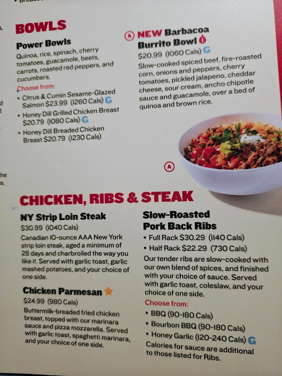 Menu, Boston Pizza