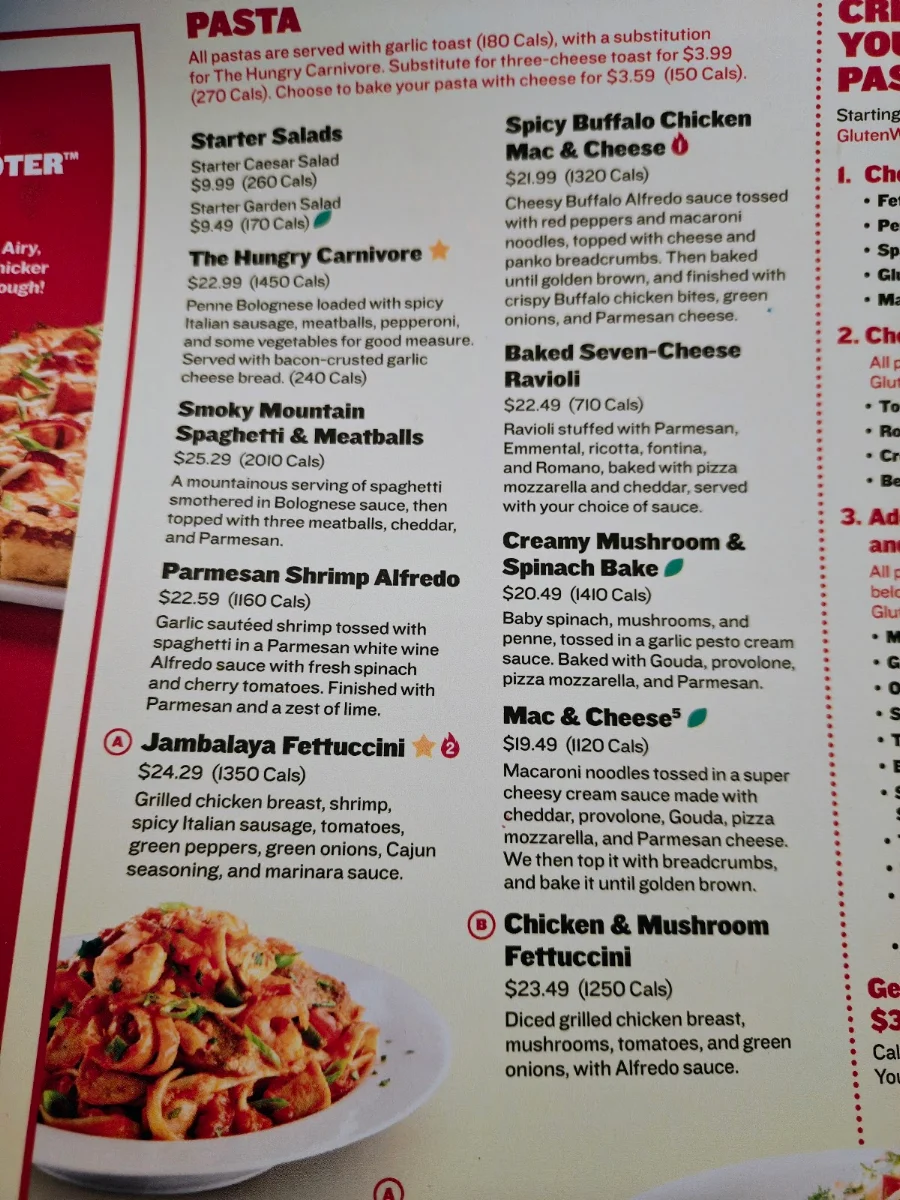 Menu, Boston Pizza