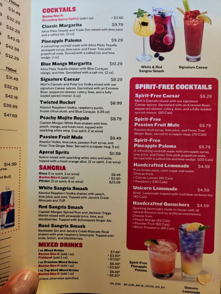 Menu, Boston Pizza