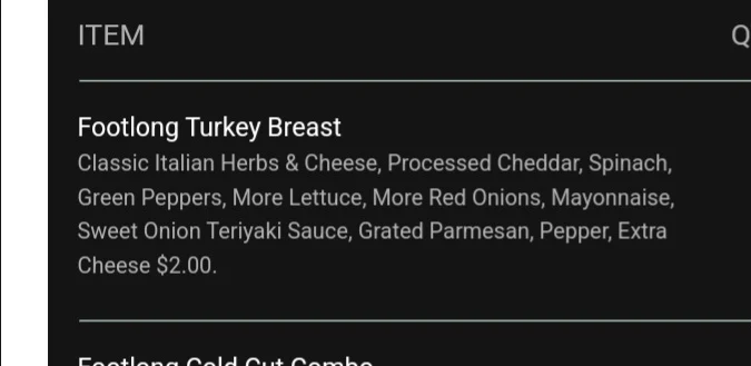 Menu, Subway