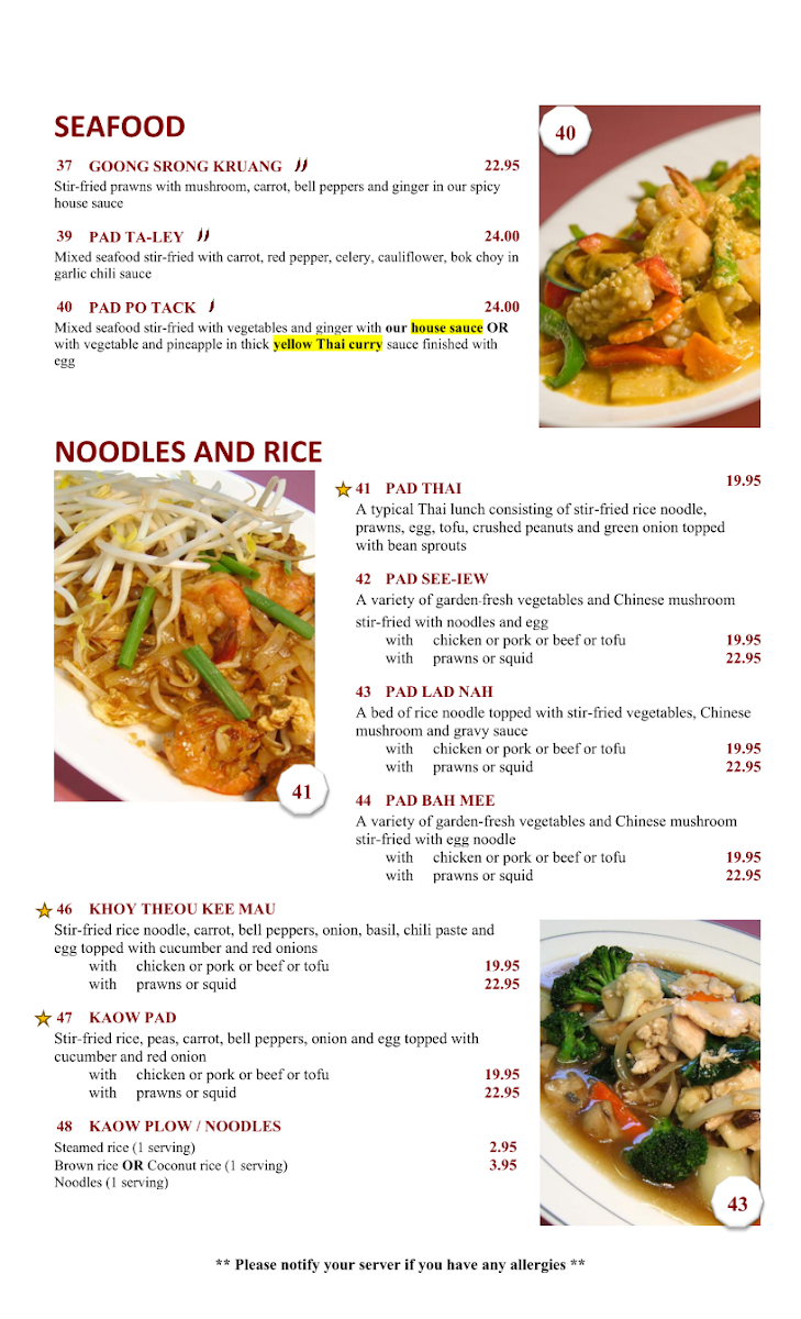 Menu, Boa-Thong Thai Food Restaurant
