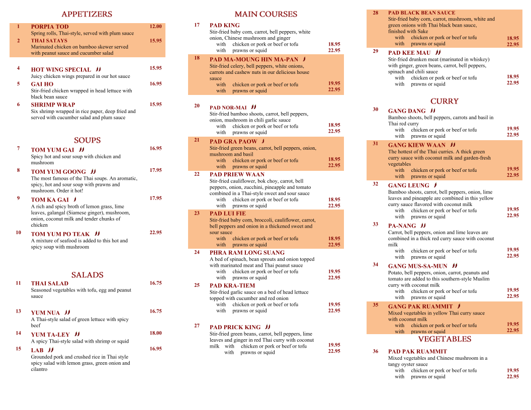 Menu, Boa-Thong Thai Food Restaurant