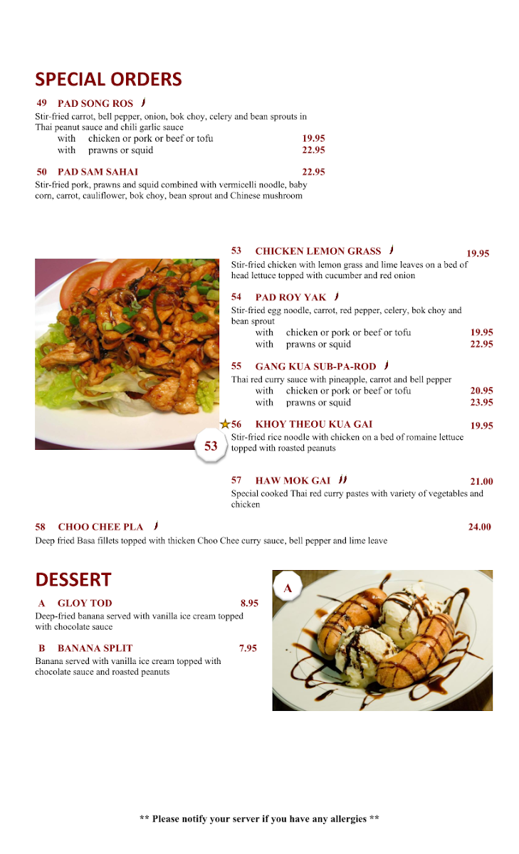 Menu, Boa-Thong Thai Food Restaurant
