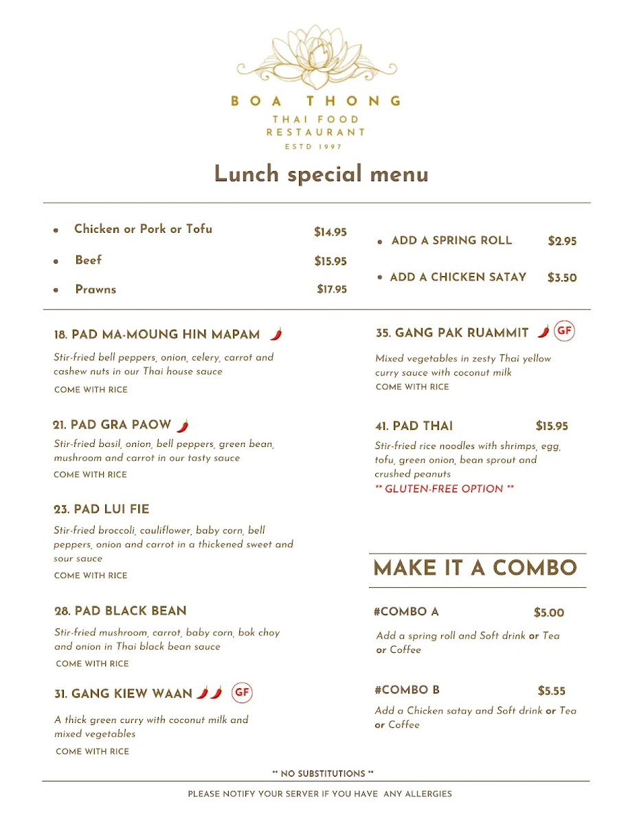 Menu, Boa-Thong Thai Food Restaurant