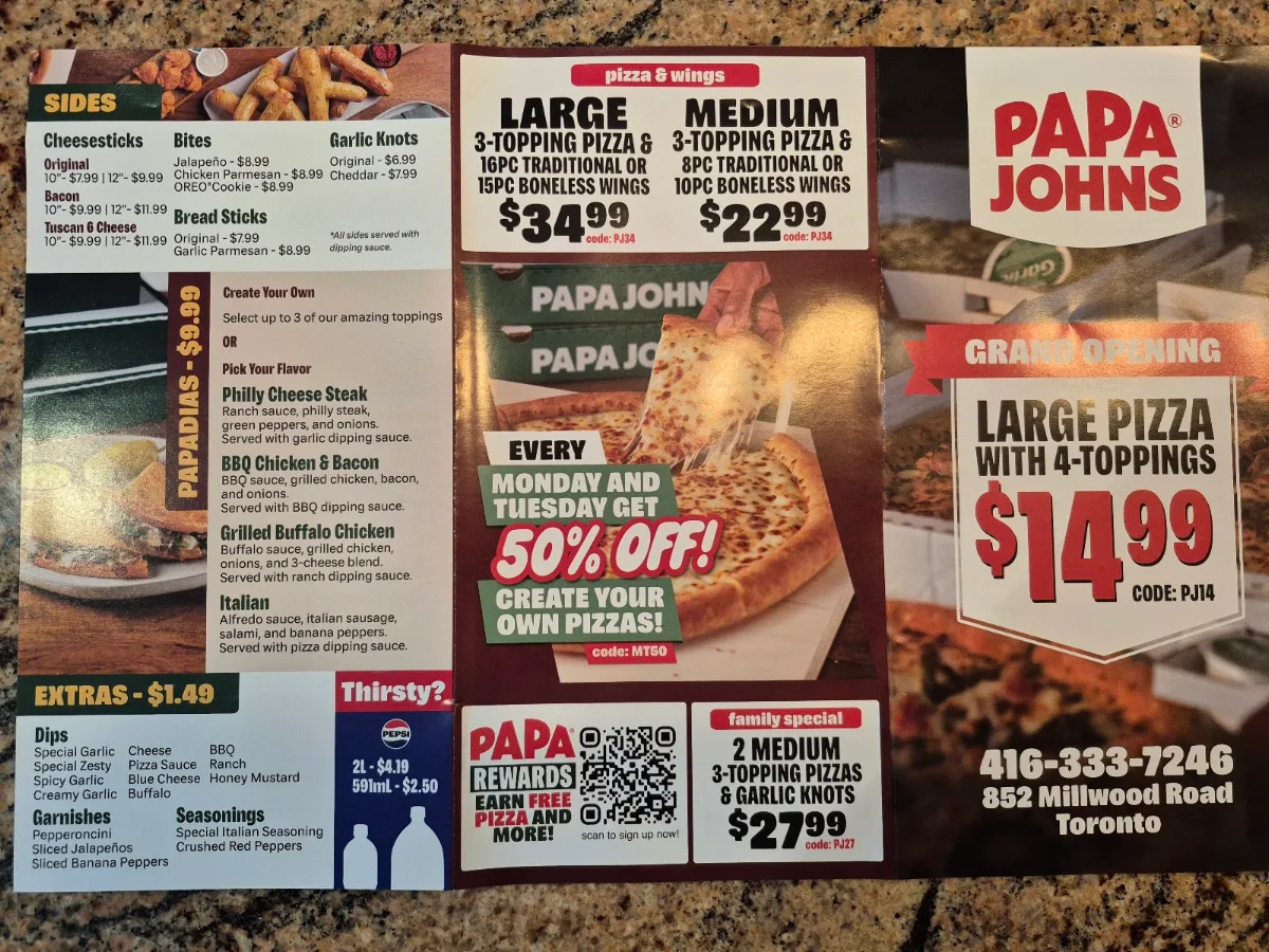 Menu, Papa Johns Pizza