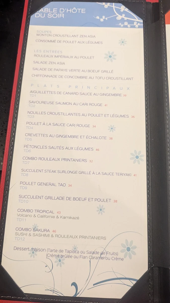 Menu, Zen Asia Restaurant