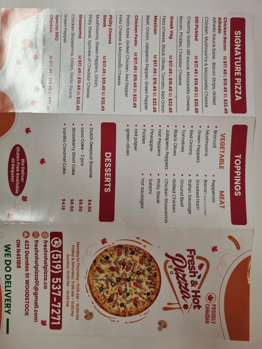Menu, Fresh & Hot Pizza - Woodstock