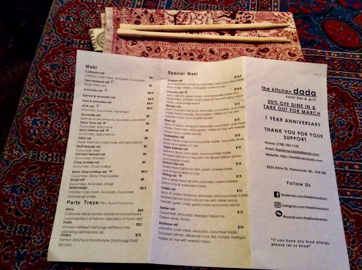 Menu, the kitchen dada sushi bar & grill