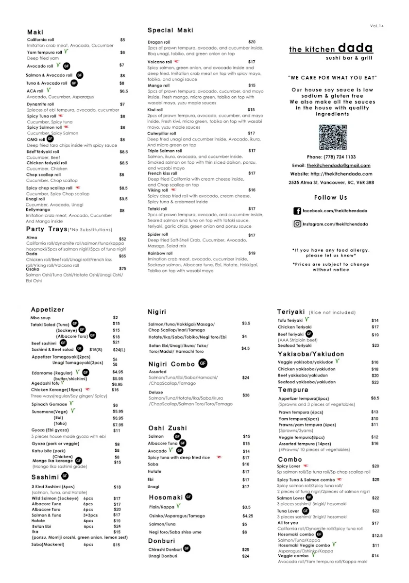 Menu, the kitchen dada sushi bar & grill