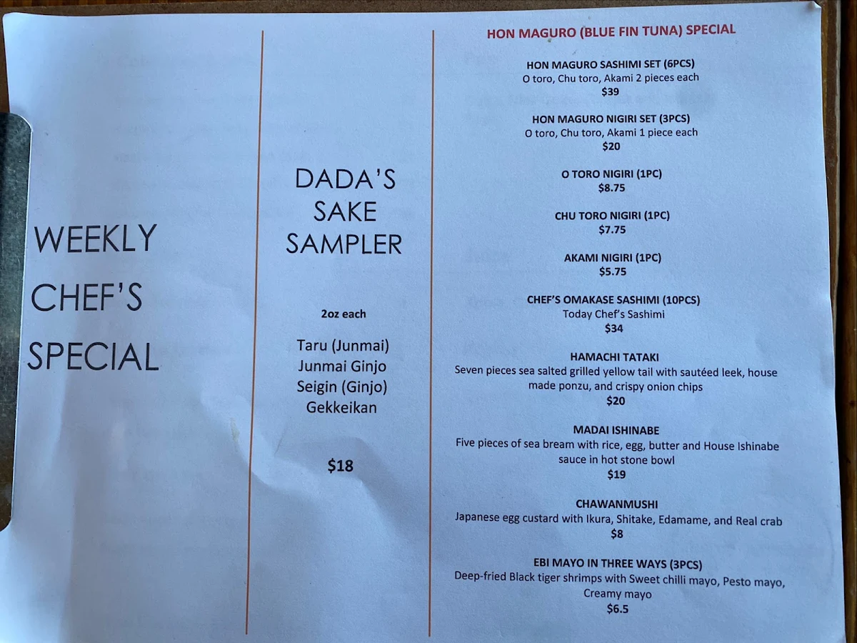 Menu, the kitchen dada sushi bar & grill
