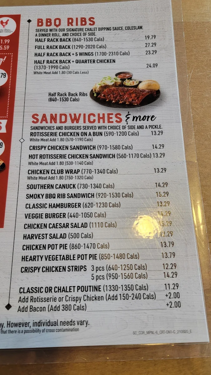 Menu, Swiss Chalet