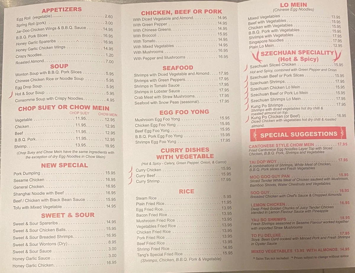 Menu, Tang's Restaurant
