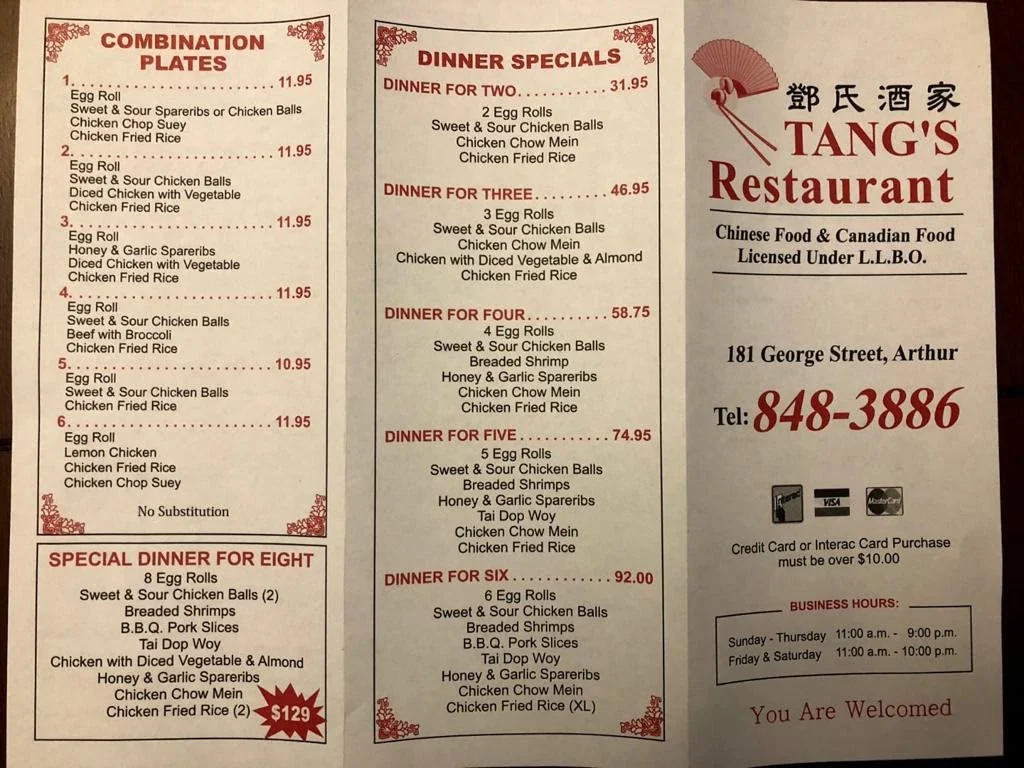 Menu, Tang's Restaurant