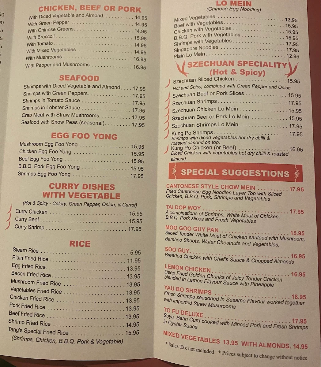 Menu, Tang's Restaurant
