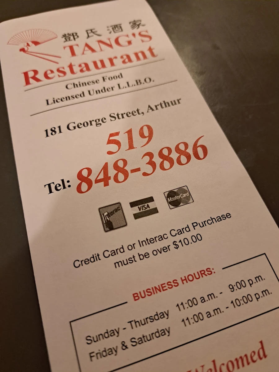Menu, Tang's Restaurant