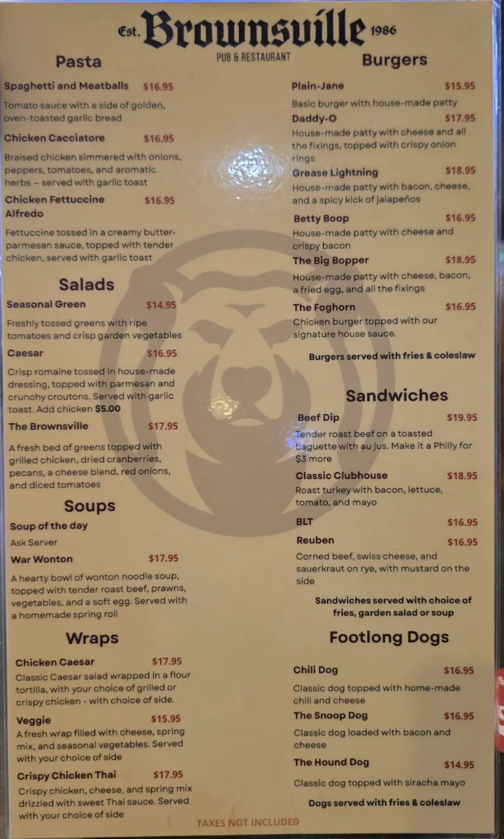Menu, The Brownsville Pub