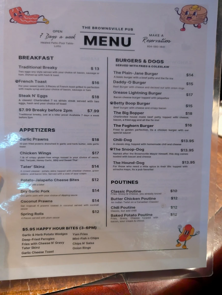 Menu, The Brownsville Pub