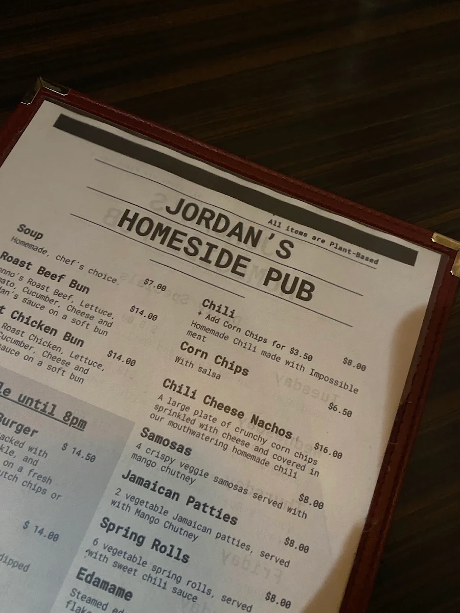 Menu, Jordan’s Homeside Pub