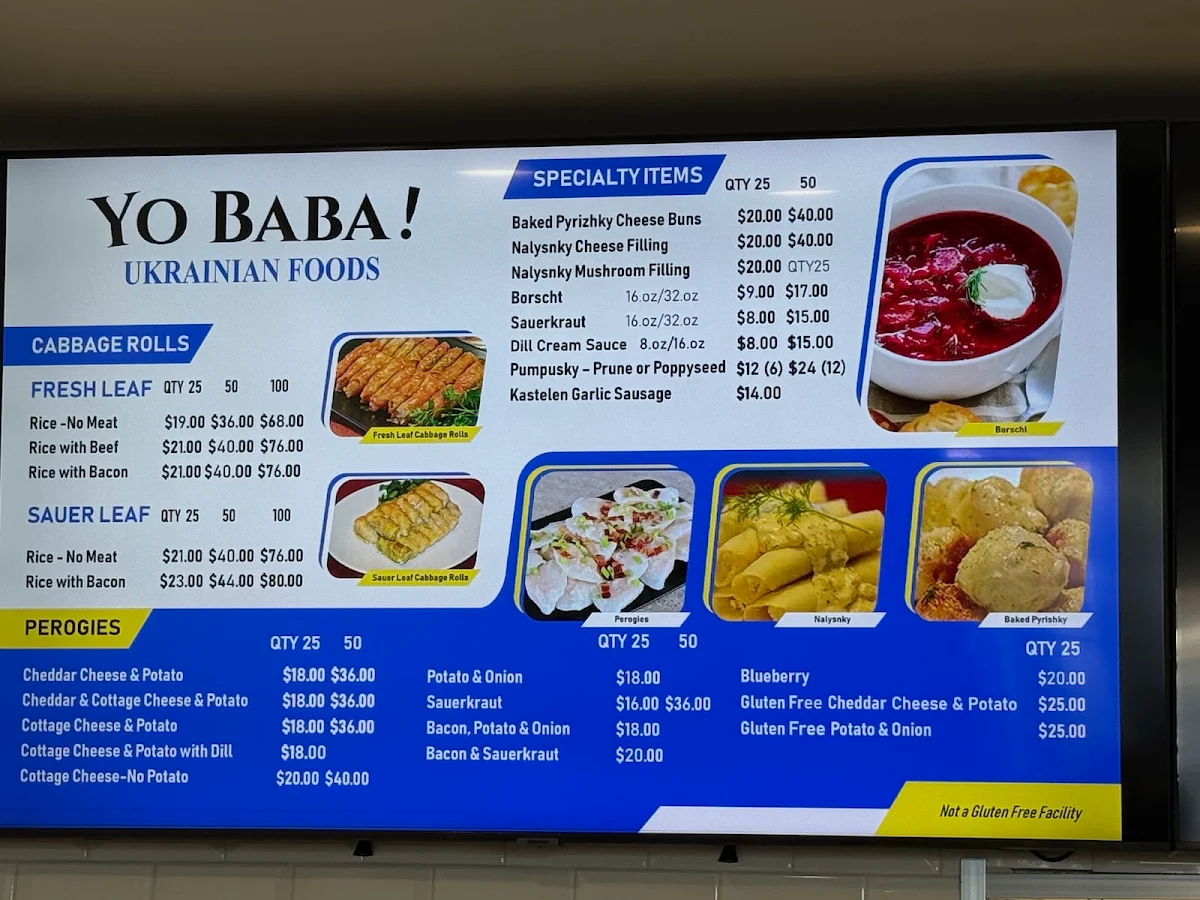 Menu, Yo Baba Ukrainian Foods
