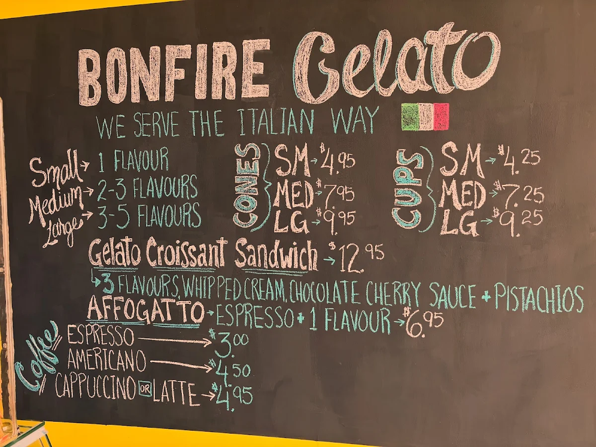 Menu, Bonfire Gelato cafe