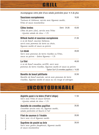 Menu, O'Centro Pub & Grill
