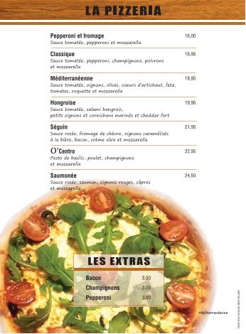 Menu, O'Centro Pub & Grill