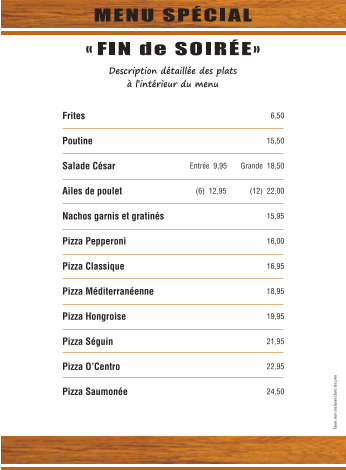 Menu, O'Centro Pub & Grill