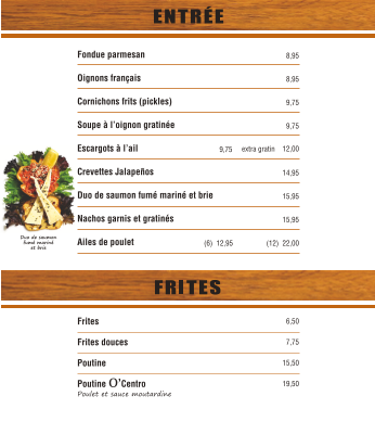 Menu, O'Centro Pub & Grill