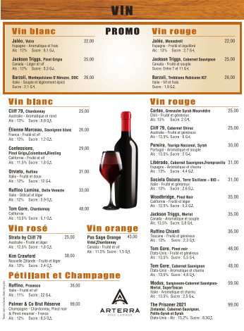 Menu, O'Centro Pub & Grill