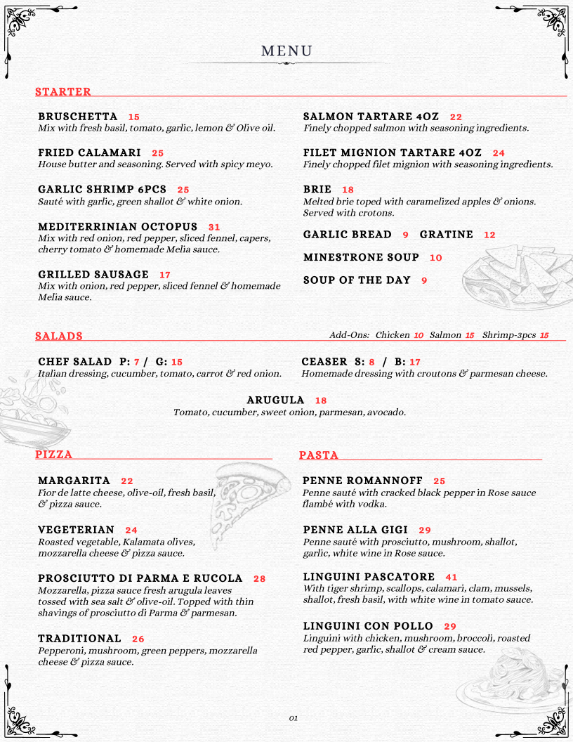 Menu, Melia Steak & Bar