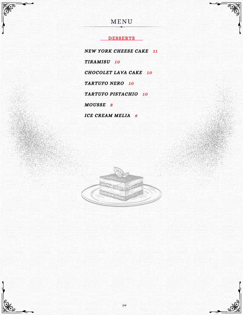 Menu, Melia Steak & Bar