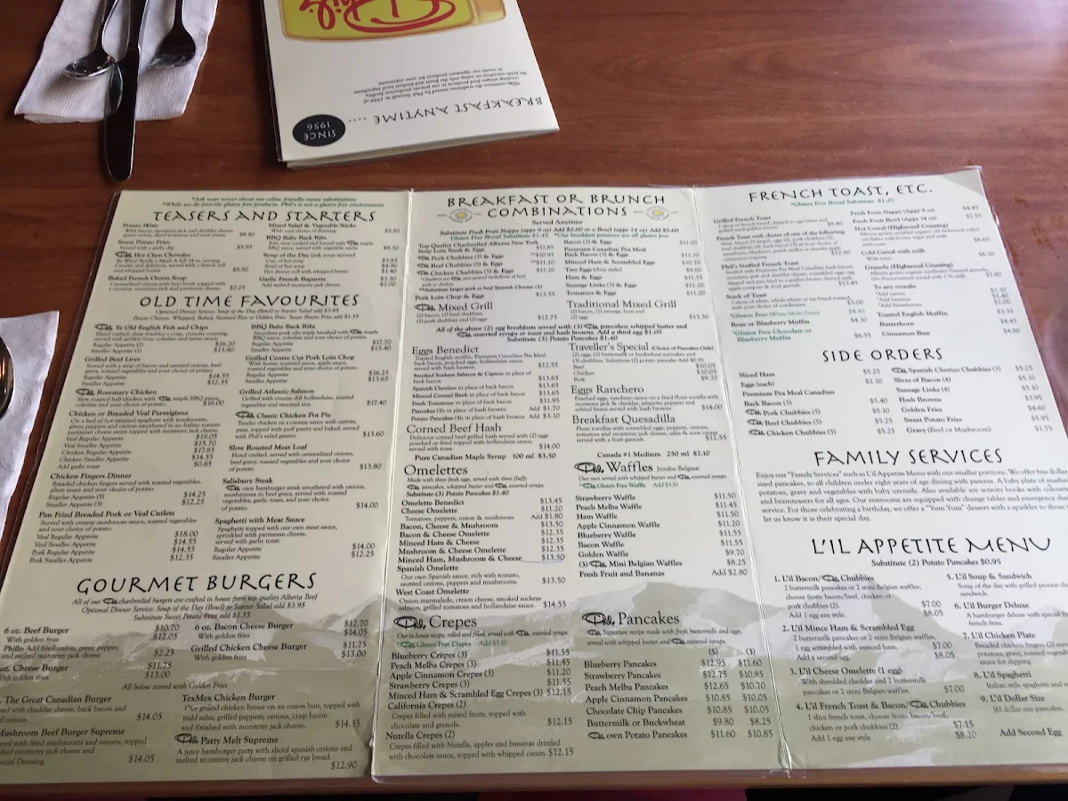 Menu, Phil's Restaurants
