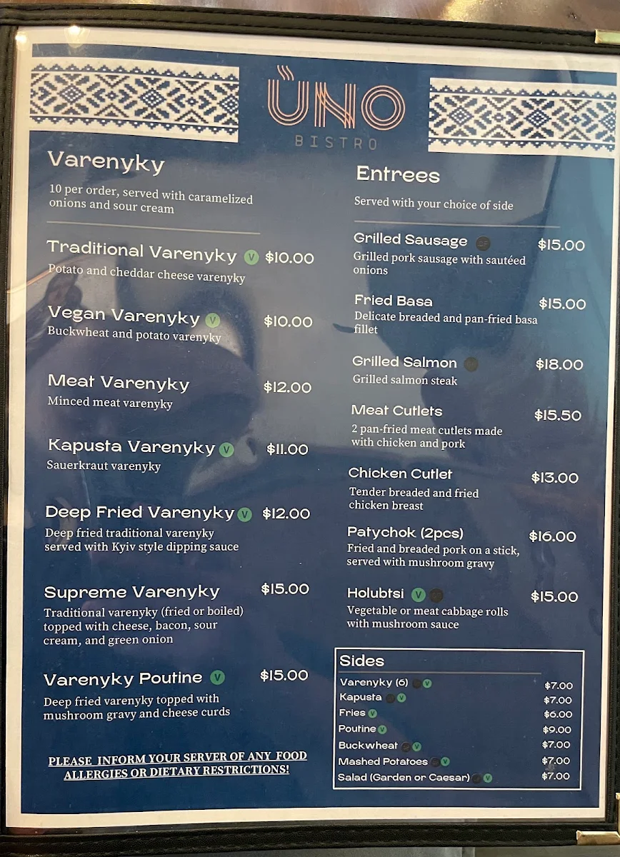 Menu, UNO Bistro