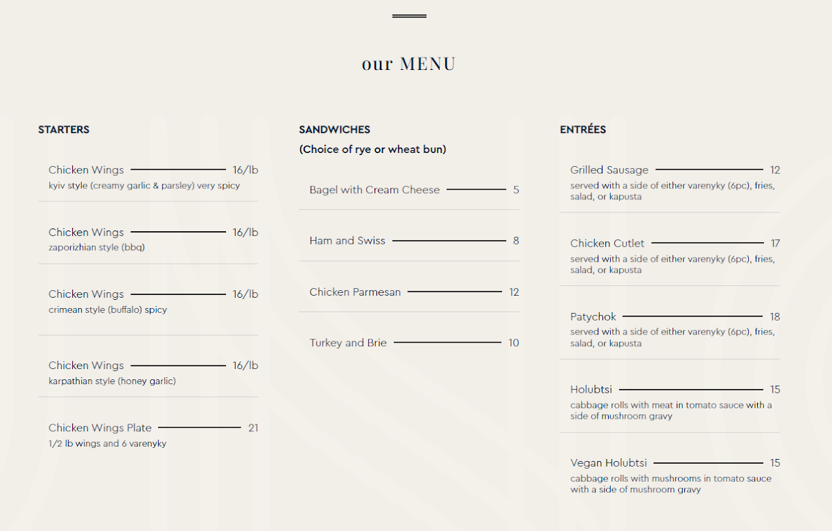 Menu, UNO Bistro