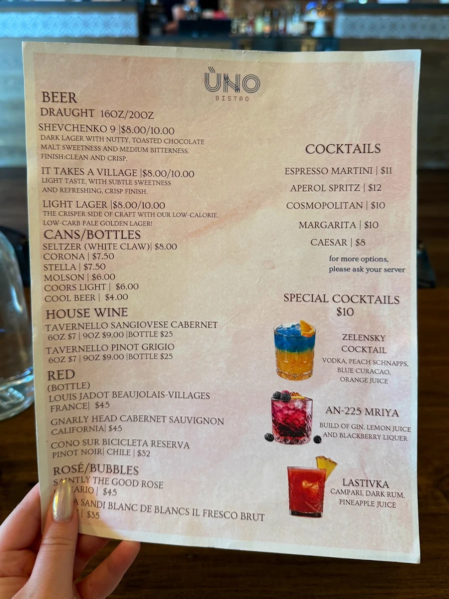 Menu, UNO Bistro