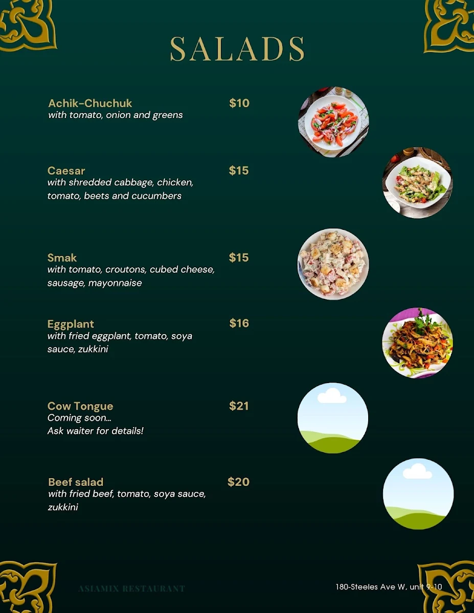 Menu, Asiamix Restaurant
