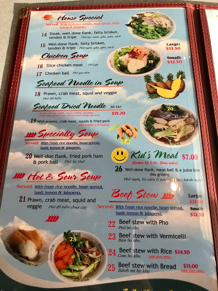 Menu, Pho 99 New Westminster