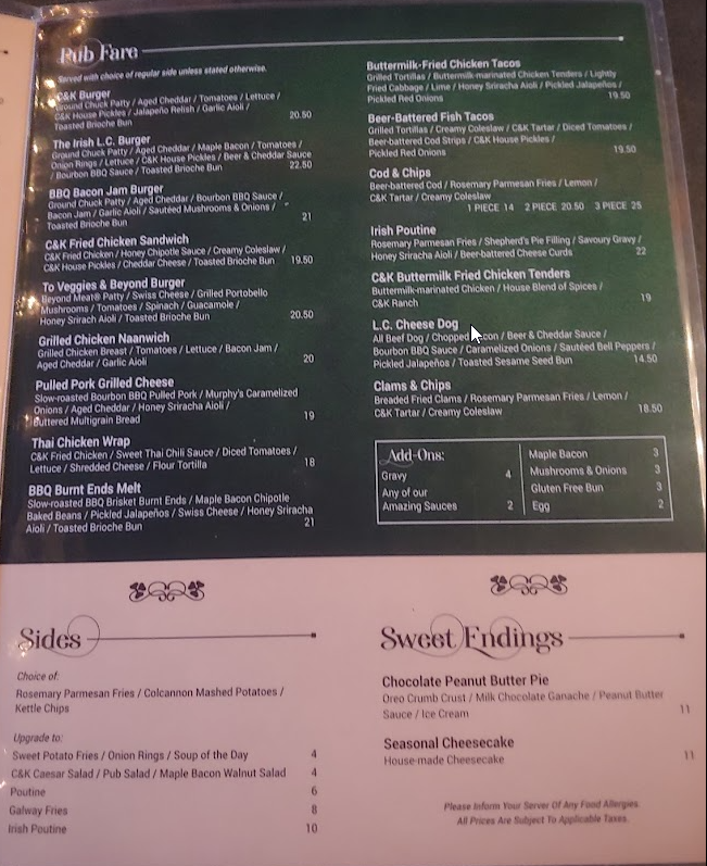 Menu, Cask & Kettle Irish Gastropub - Westfield