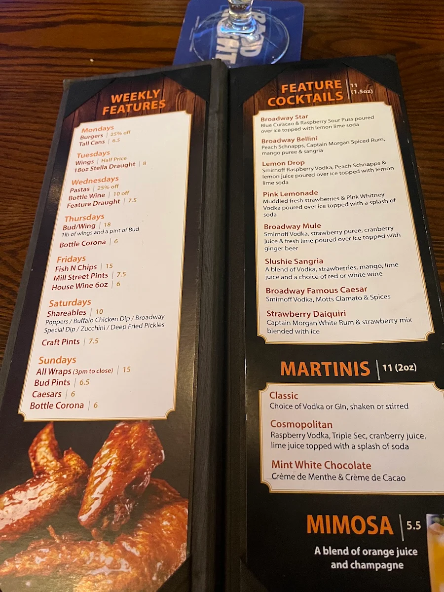 Menu, Broadway Bar & Grill