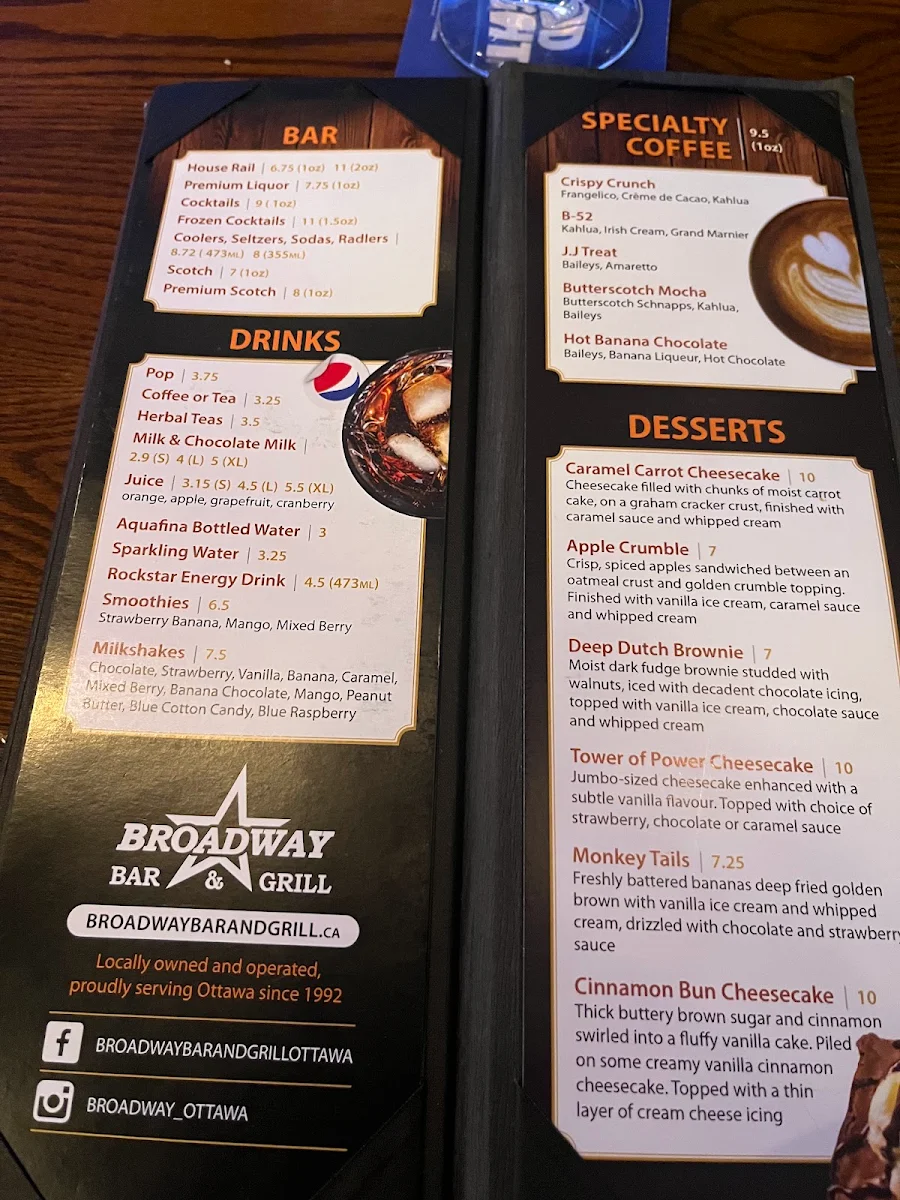 Menu, Broadway Bar & Grill