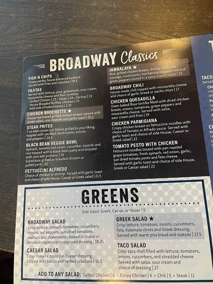 Menu, Broadway Bar & Grill