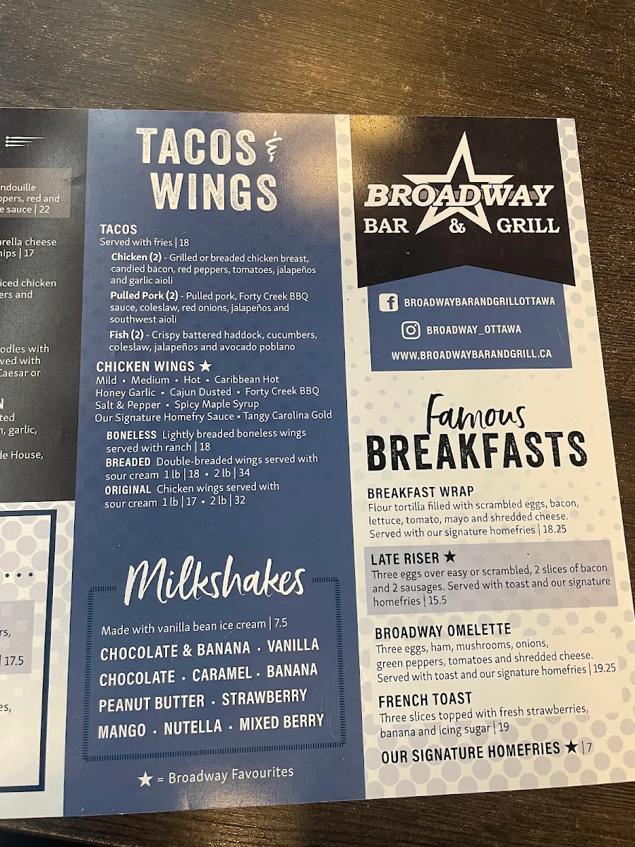 Menu, Broadway Bar & Grill