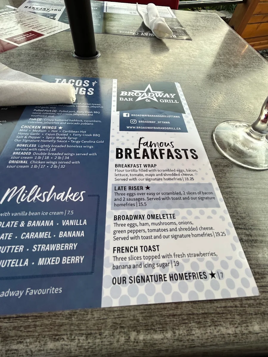 Menu, Broadway Bar & Grill