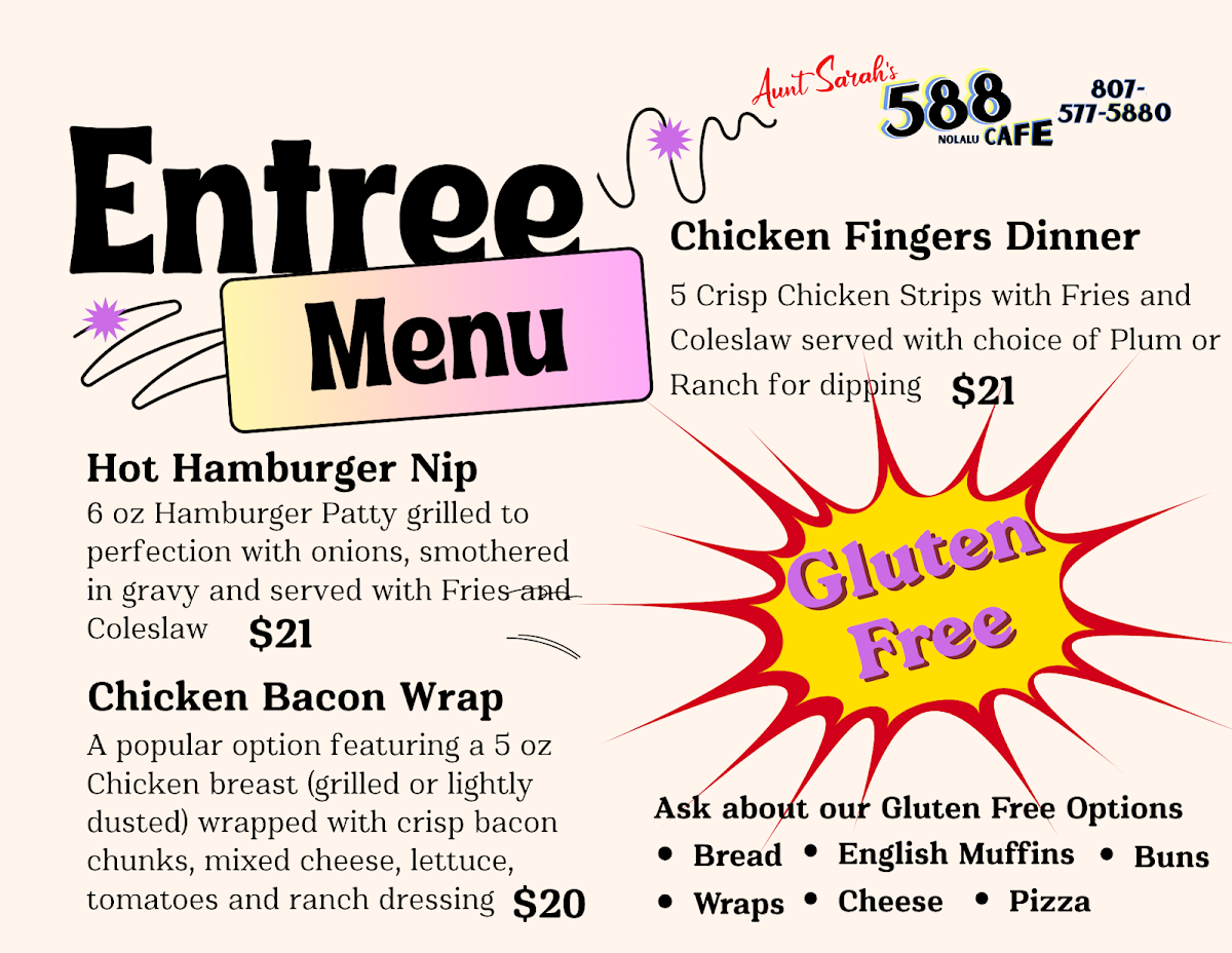 Menu, Aunt Sarah's 588 cafe
