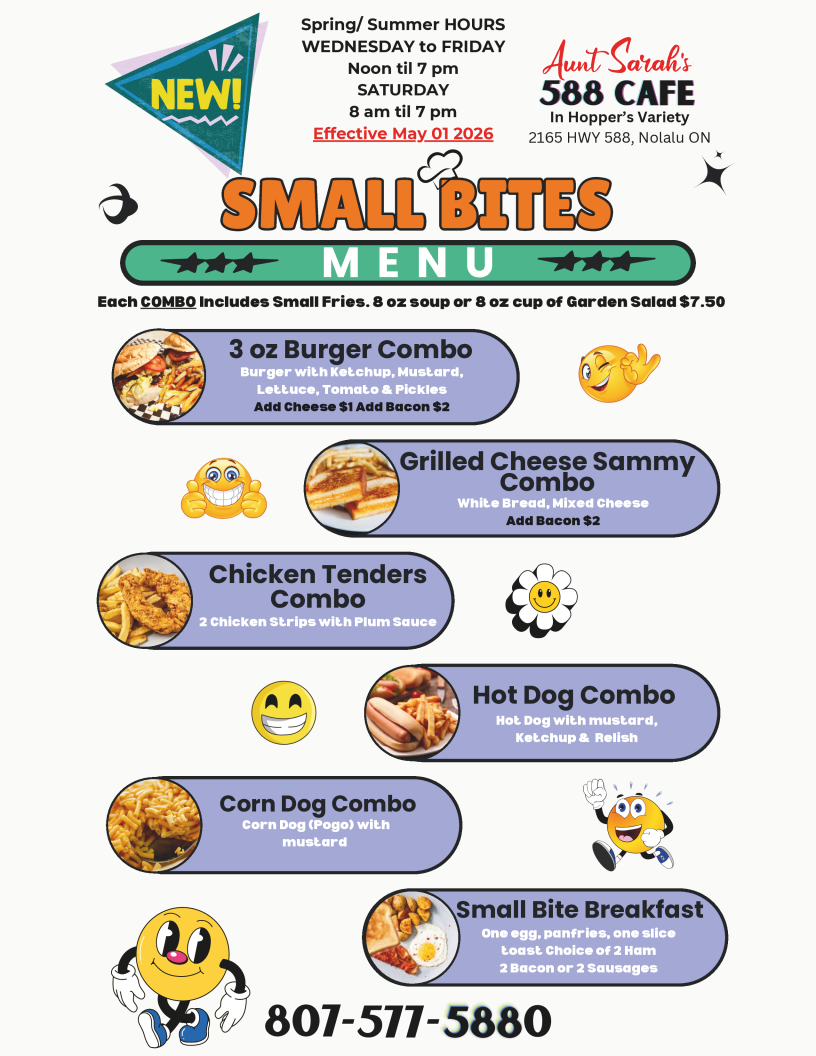 Menu, Aunt Sarah's 588 cafe